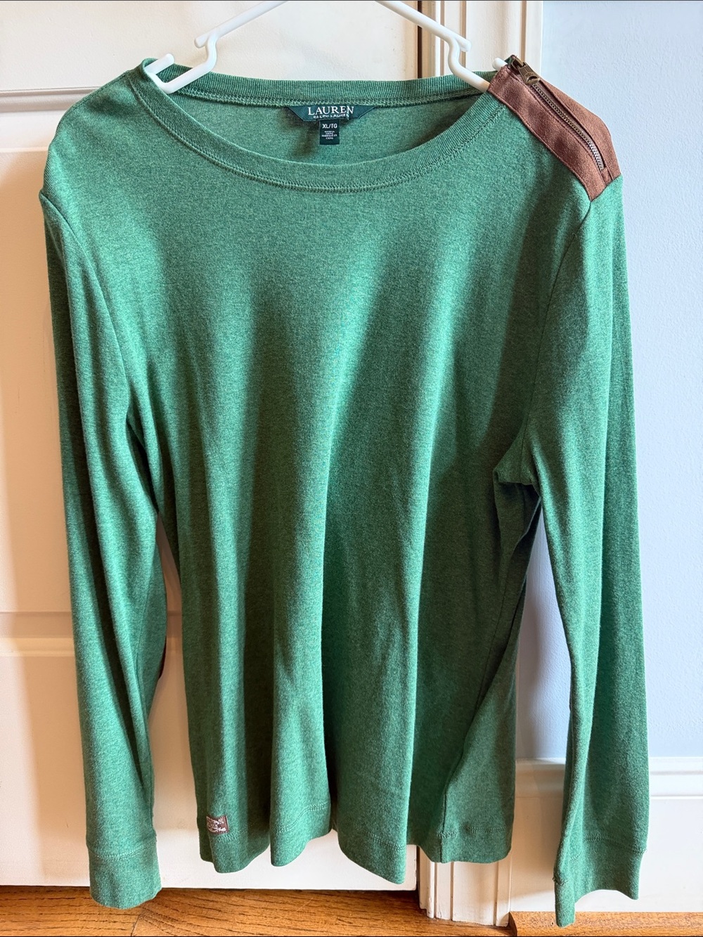Lauren Ralph Lauren Green Long Sleeve Top with Brown Shoulder Zip